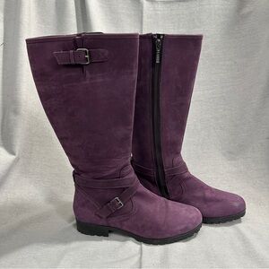 Hotter Belle knee high low heeled suede boots, purple, sz 9.5, lug soles